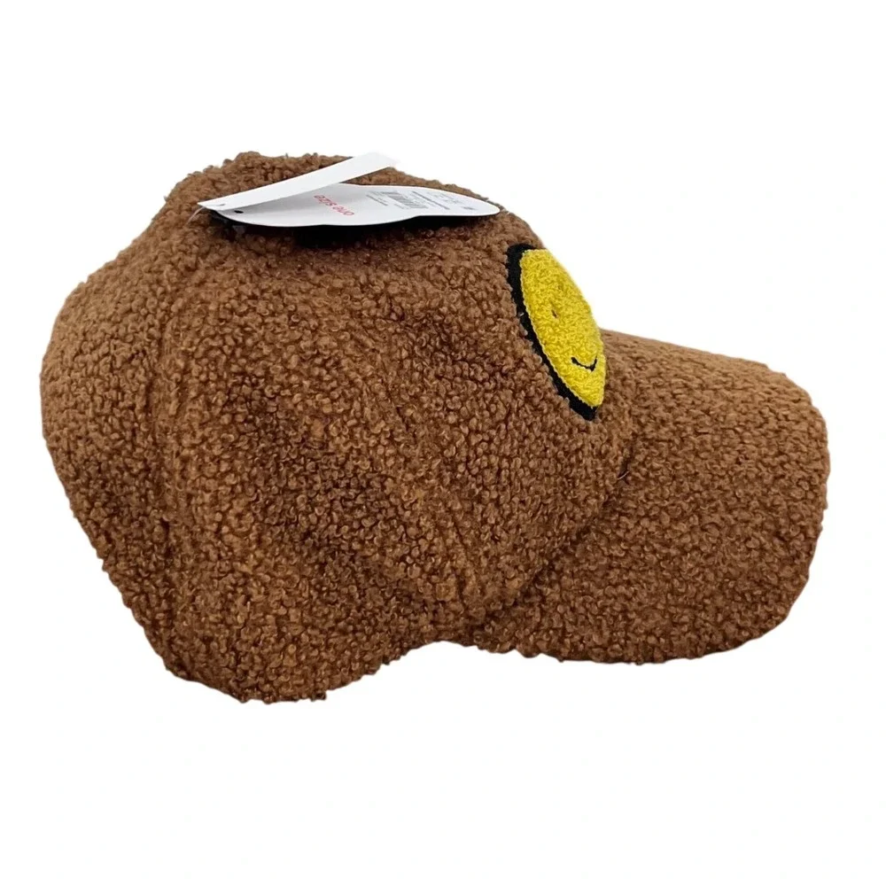 Sherpa Smiley Face Baseball Cap Kids One Size Brown Patch Streetwear‎ Retro